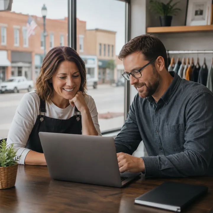 Web designer going over a new website with a Columbus, Nebraska shop owner on a laptop