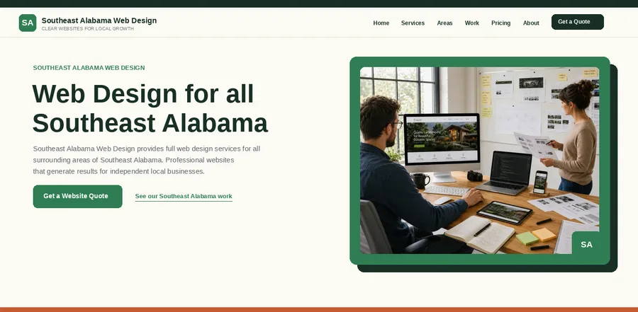 Homepage of Southeast Alabama Web Design, a local web design site built by Central Nebraska Web Design